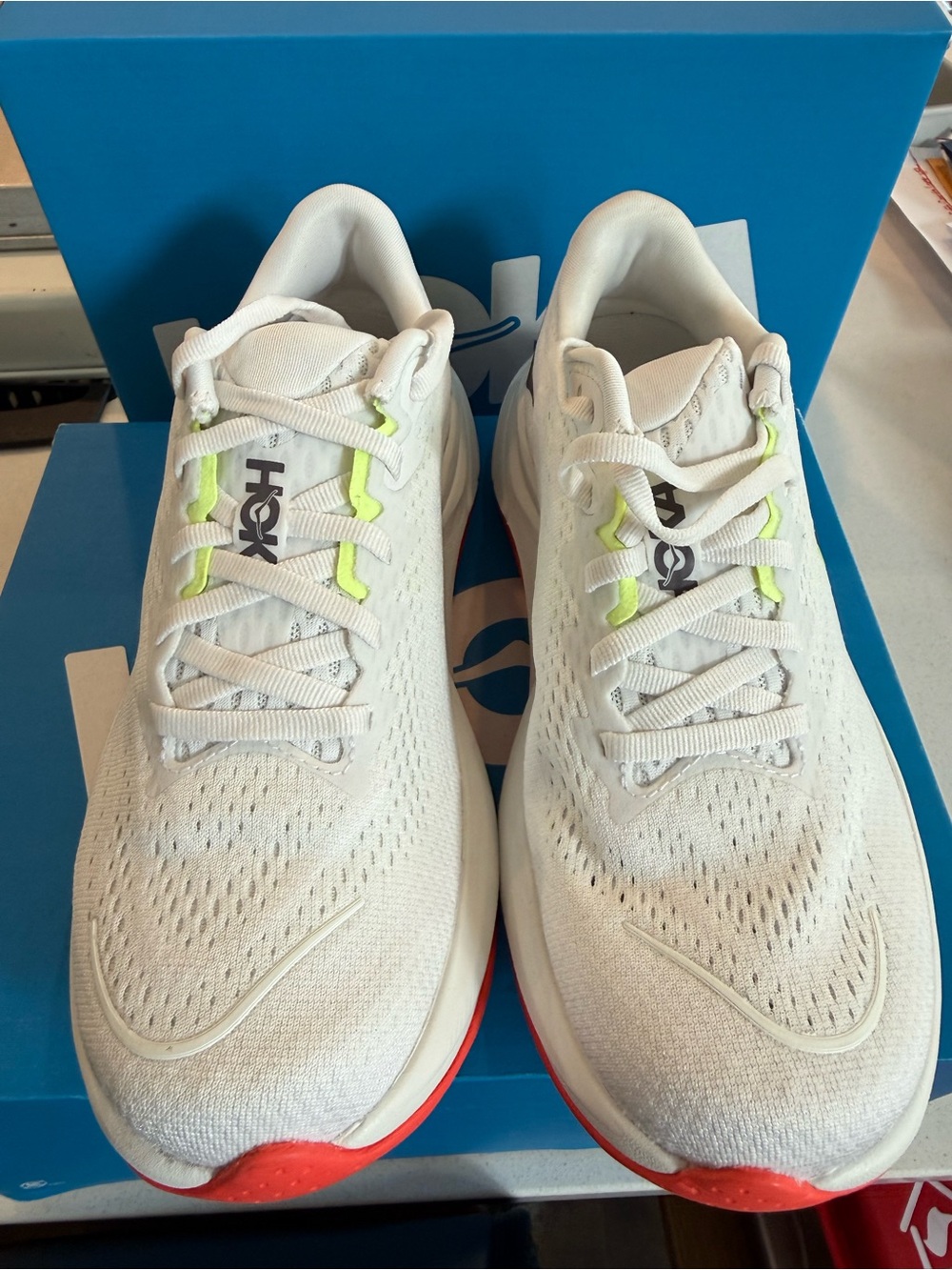 Hoka White Running Shoes with Neon Yellow and Coral Trim - Picture 2 of 8